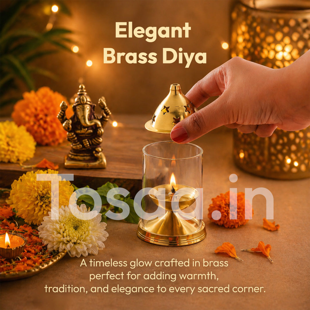 JALKUMBH COPPER BRASS AKHAND DIYA WITH GLASS COVER, Deepam Jyot Diya Oil Lamp- GOLDEN BRASS DIYA FOR FESTIVALS (SMALL)