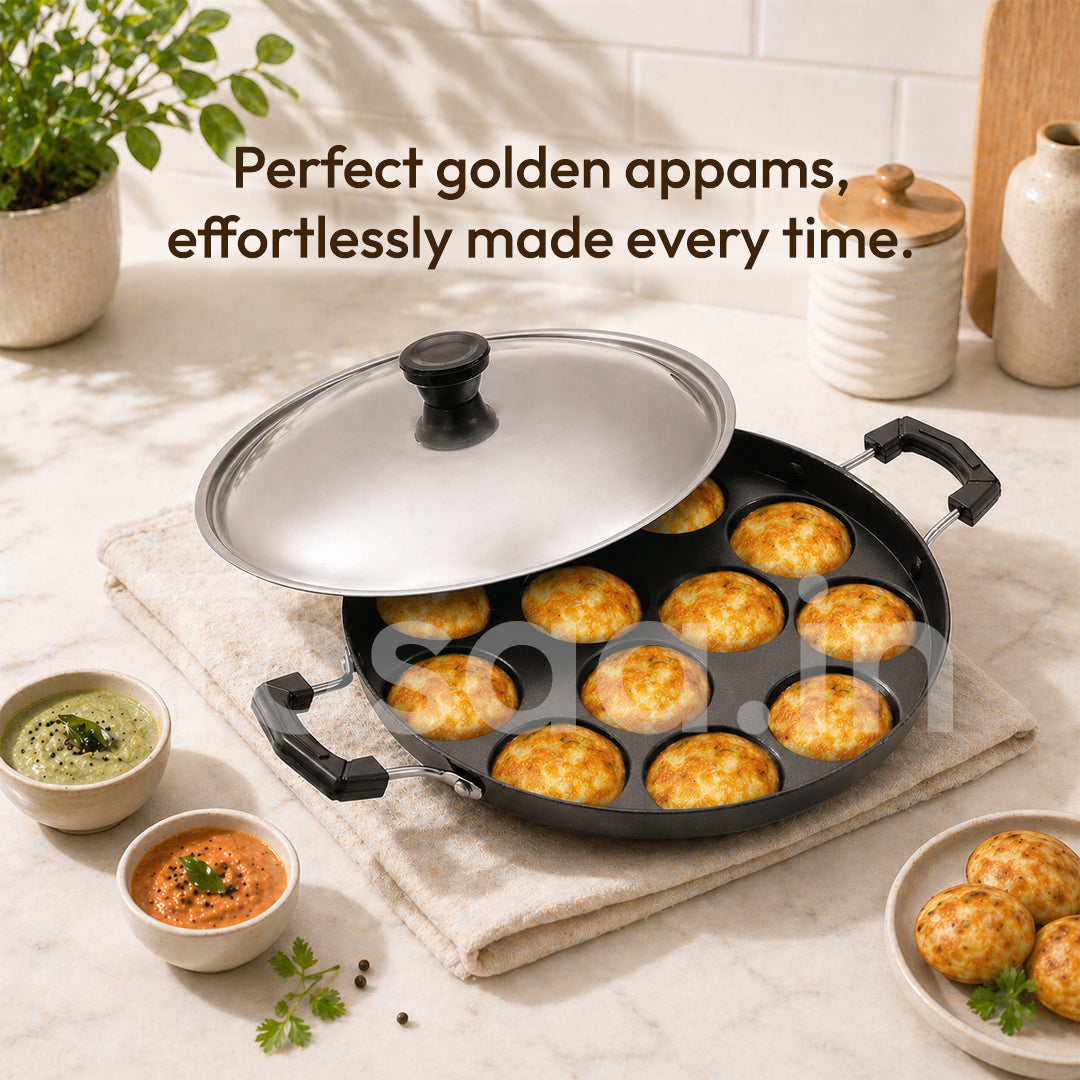 Tosaa Non-Stick 12 Cavity Appam Patra Side Handle with lid, Color May Vary
