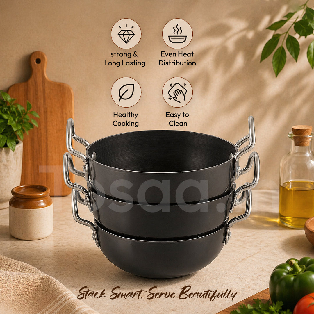 Nonstick Hard Anodised Serving Kadhai 3Pc Set- 340, Ml, 360, 375Ml Capacity, Black