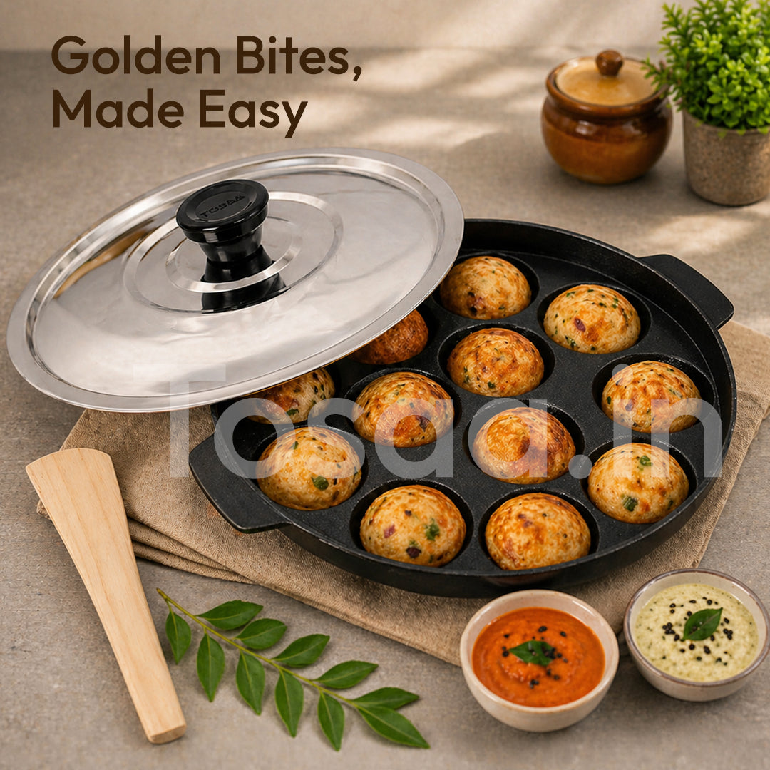 Tosaa Non-Stick 12 Cavity Appam Patra with Stainless Steel Lid- Back