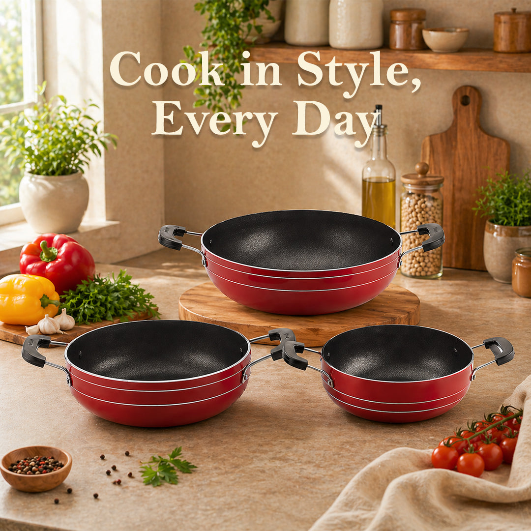 Nonstick Cookware Kadhai Gift Set of 3 Pcs, Brown Red, Standard (TP3KSBR),230, 180, 160 Mm