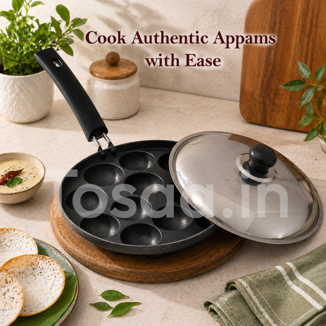 Tosaa Aluminium Non-Stick 12 Cavity Appam Patra with Lid (Black, 21 cm)