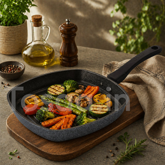 Tosaa Non-Stick Aluminium Gas Compatible Grill Pan, 22 cm, Marble Grey
