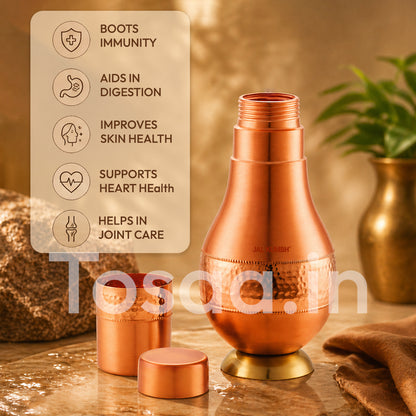JALKUMBH Pure Zuchi Copper CHURI SURAHI Water pot 1100 ml (with Inbuilt Glass)