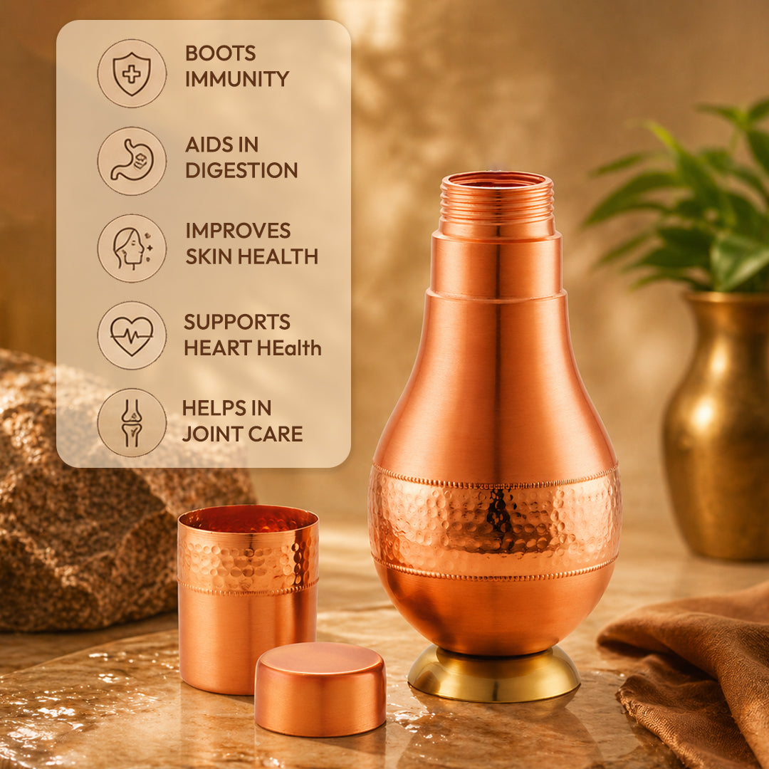 JALKUMBH Pure Zuchi Copper CHURI SURAHI Water pot 1100 ml (with Inbuilt Glass)