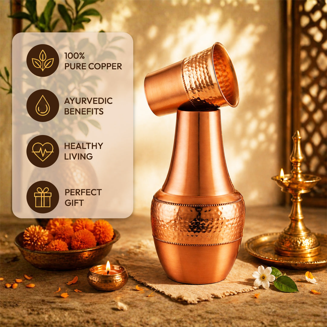 JALKUMBH Pure Zuchi Copper VENUS Water pot                 1500 ml  (with Inbuilt Glass)