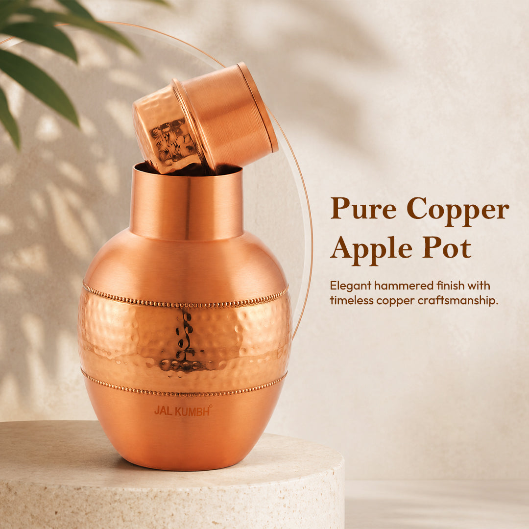 JALKUMBH Pure Zuchi Copper APPLE Water pot             1300 ml  (with Inbuilt Glass)