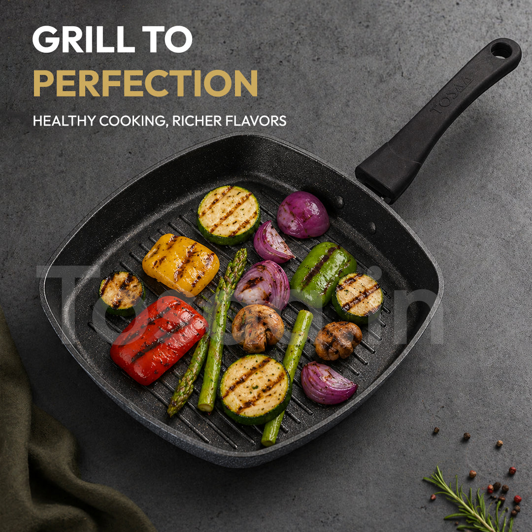 Tosaa Non-Stick Aluminium Gas Compatible Grill Pan, 22 cm, Marble Grey