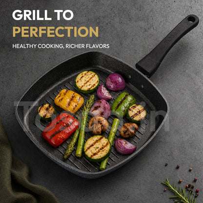 Tosaa Non-Stick Aluminium Gas Compatible Grill Pan, 22 cm, Marble Grey