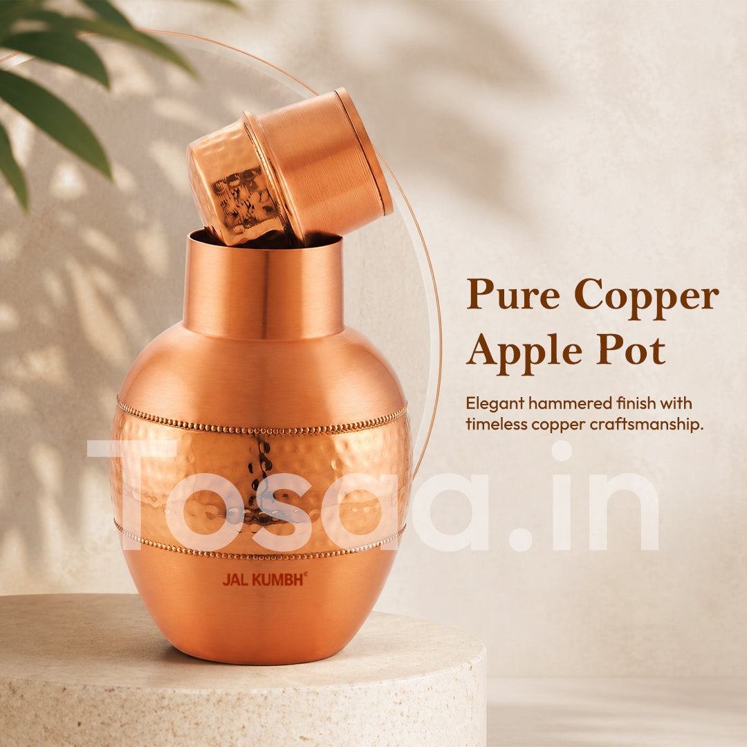 JALKUMBH Pure Zuchi Copper APPLE Water pot             1300 ml  (with Inbuilt Glass)