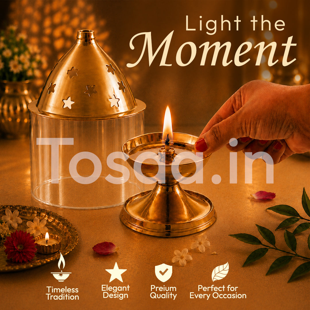 JALKUMBH COPPER BRASS AKHAND DIYA WITH GLASS COVER, Deepam Jyot Diya Oil Lamp- GOLDEN BRASS DIYA FOR FESTIVALS (BIG)