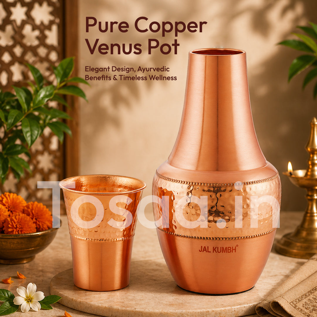 JALKUMBH Pure Zuchi Copper VENUS Water pot                 1500 ml  (with Inbuilt Glass)