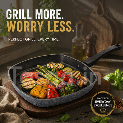 Tosaa Non-Stick Aluminium Gas Compatible Grill Pan, 22 cm, Marble Grey