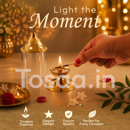 JALKUMBH COPPER BRASS AKHAND DIYA WITH GLASS COVER, Deepam Jyot Diya Oil Lamp- GOLDEN BRASS DIYA FOR FESTIVALS (SMALL)