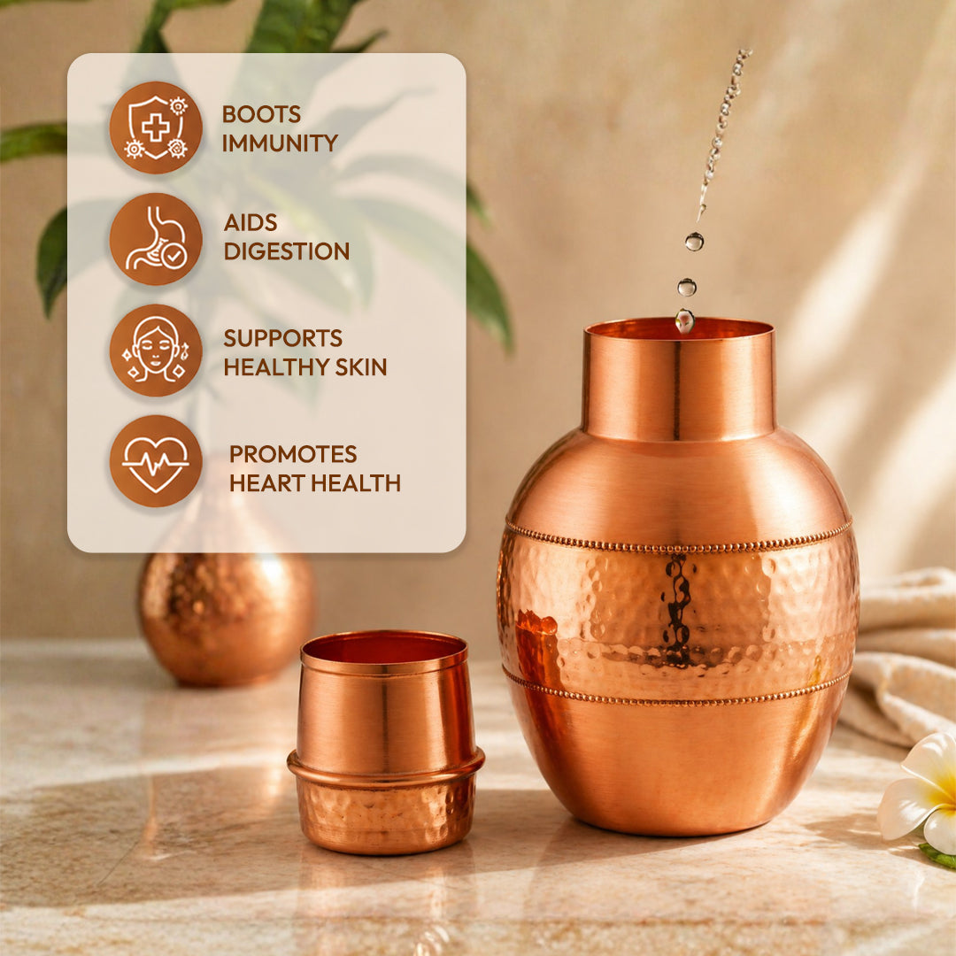 JALKUMBH Pure Zuchi Copper APPLE Water pot             1300 ml  (with Inbuilt Glass)