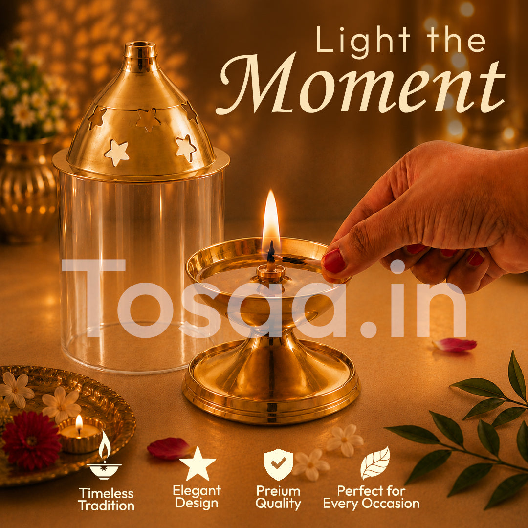 ALKUMBH COPPER BRASS AKHAND DIYA WITH GLASS COVER, Deepam Jyot Diya Oil Lamp (MEDIUM)