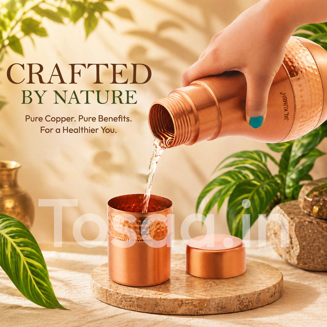 JALKUMBH Pure Zuchi Copper CHURI SURAHI Water pot 1100 ml (with Inbuilt Glass)