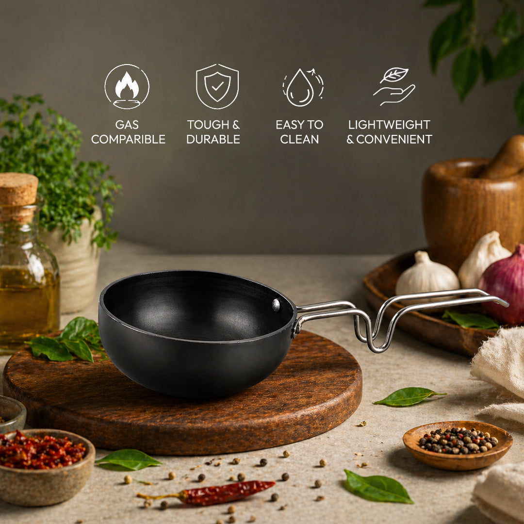 Vagharia Hard Anodized Aluminium Tadka Pan, 90 mm, Black