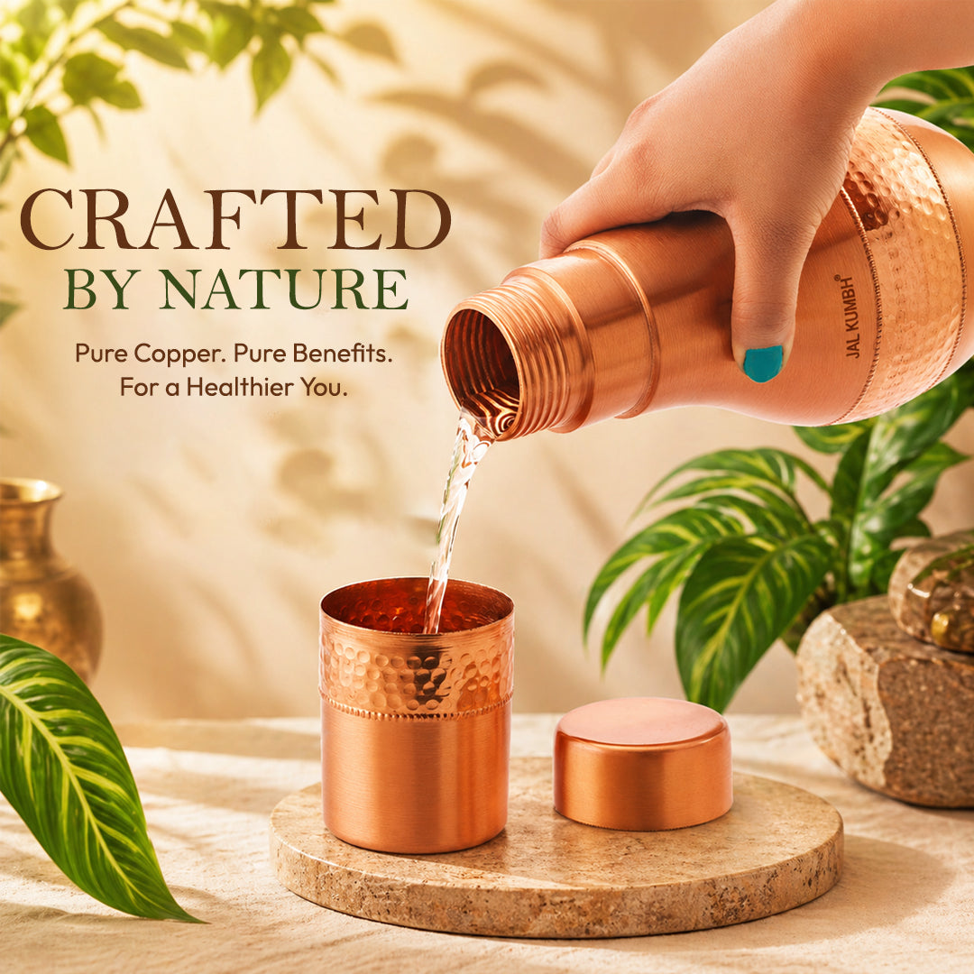 JALKUMBH Pure Zuchi Copper CHURI SURAHI Water pot 1100 ml (with Inbuilt Glass)