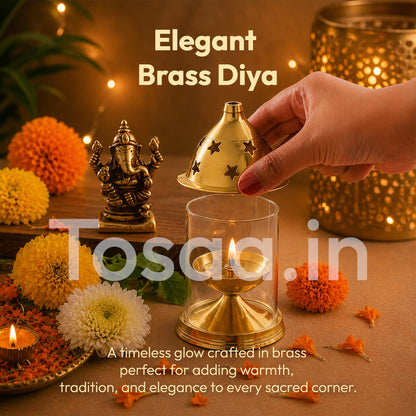 ALKUMBH COPPER BRASS AKHAND DIYA WITH GLASS COVER, Deepam Jyot Diya Oil Lamp (MEDIUM)