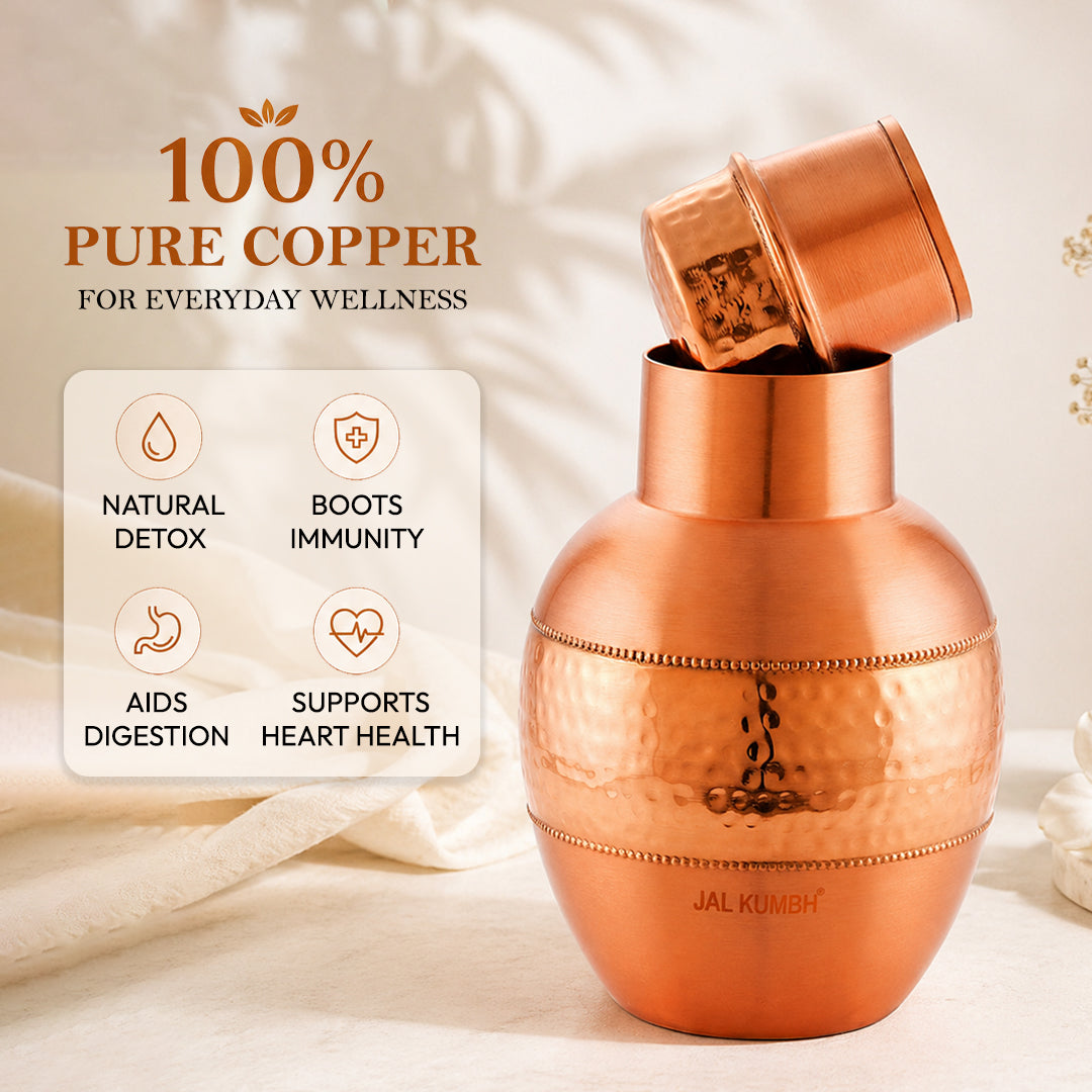 JALKUMBH Pure Zuchi Copper APPLE Water pot             1300 ml  (with Inbuilt Glass)