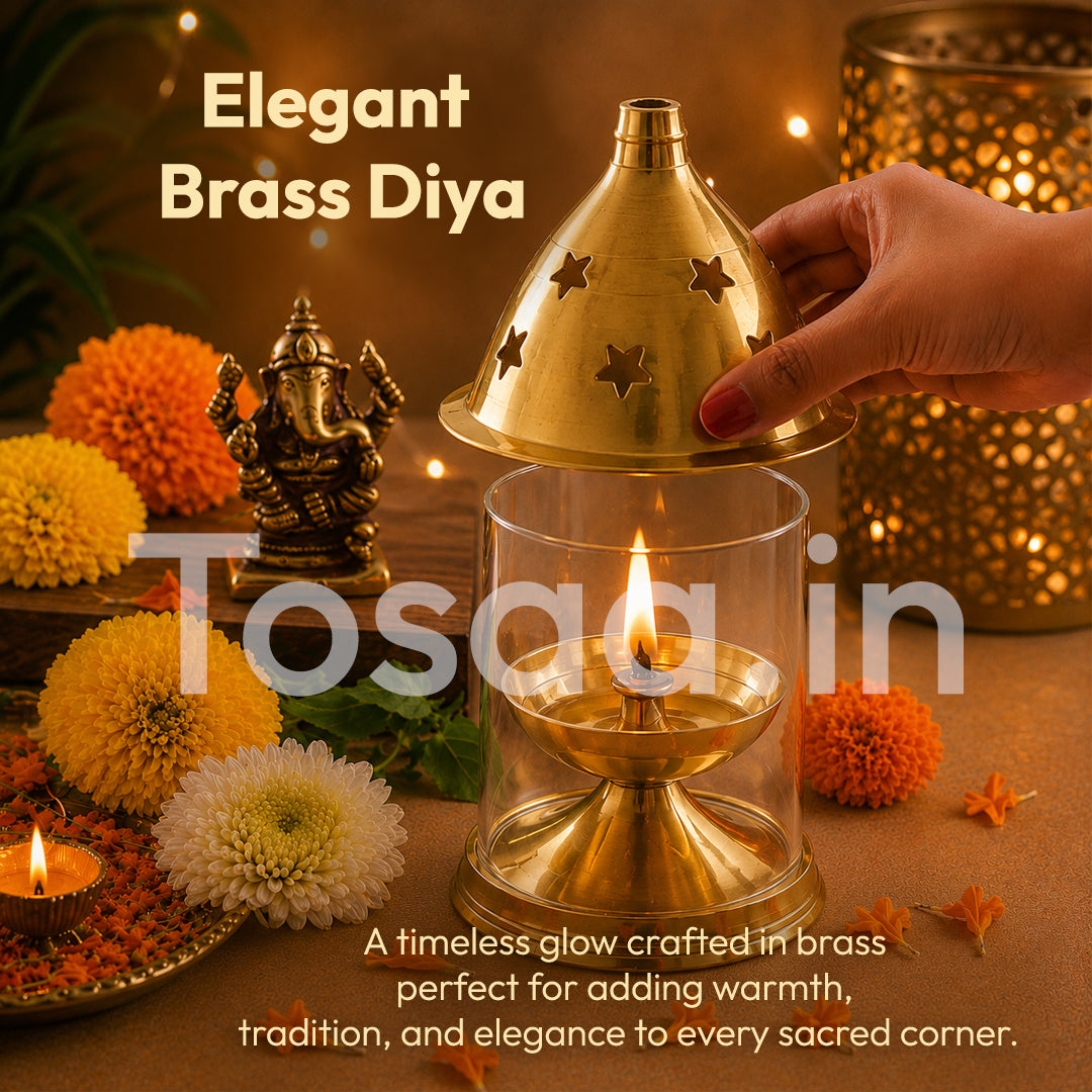 JALKUMBH COPPER BRASS AKHAND DIYA WITH GLASS COVER, Deepam Jyot Diya Oil Lamp- GOLDEN BRASS DIYA FOR FESTIVALS (BIG)