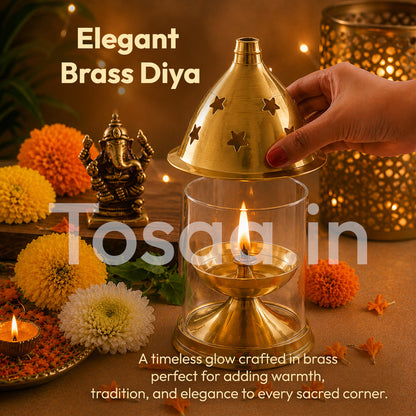 JALKUMBH COPPER BRASS AKHAND DIYA WITH GLASS COVER, Deepam Jyot Diya Oil Lamp- GOLDEN BRASS DIYA FOR FESTIVALS (BIG)
