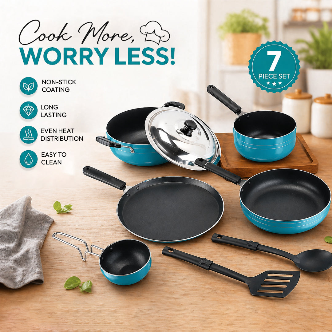 Nonstick Cookware 8 Pcs Gift Set Amber Includes 1 -Flat Tawa, 1- Kadhai, 1 -Frying pan, 1- Sauce pan, 1 - Tadka pan, 1 - Stainless Steel Lid, 2 - Spatula