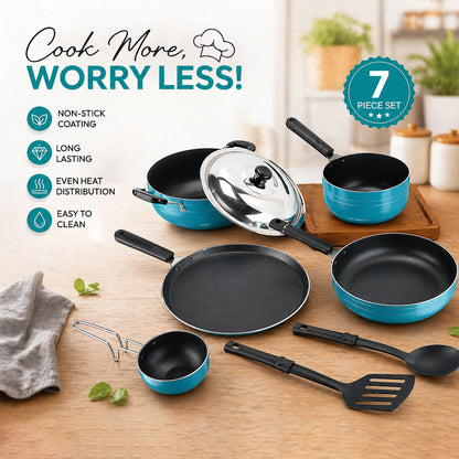 Nonstick Cookware 8 Pcs Gift Set Amber Includes 1 -Flat Tawa, 1- Kadhai, 1 -Frying pan, 1- Sauce pan, 1 - Tadka pan, 1 - Stainless Steel Lid, 2 - Spatula