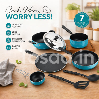 Tosaa Popular Nonstick Cookware 8 Pcs Gift Set Amber Includes 1 -Flat Tawa, 1- Kadhai, 1 -Frying pan, 1- Sauce pan, 1 - Tadka pan, 1 - Stainless Steel Lid, 2 - Spatula