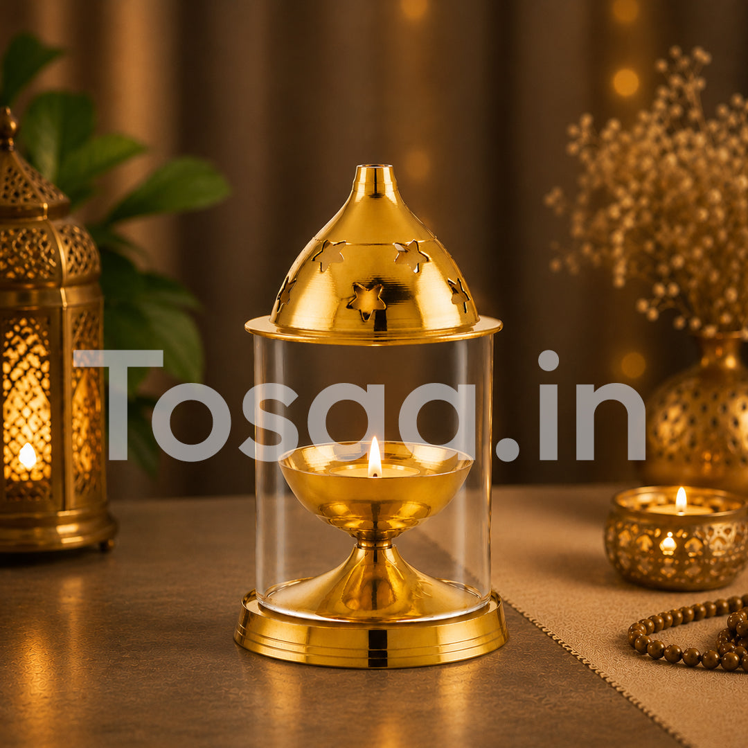 ALKUMBH COPPER BRASS AKHAND DIYA WITH GLASS COVER, Deepam Jyot Diya Oil Lamp (MEDIUM)