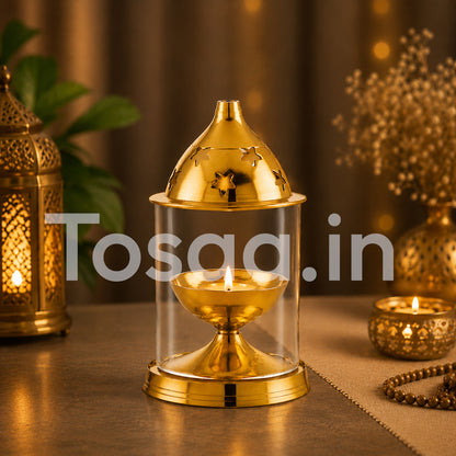 ALKUMBH COPPER BRASS AKHAND DIYA WITH GLASS COVER, Deepam Jyot Diya Oil Lamp (MEDIUM)