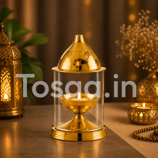 ALKUMBH COPPER BRASS AKHAND DIYA WITH GLASS COVER, Deepam Jyot Diya Oil Lamp (MEDIUM)