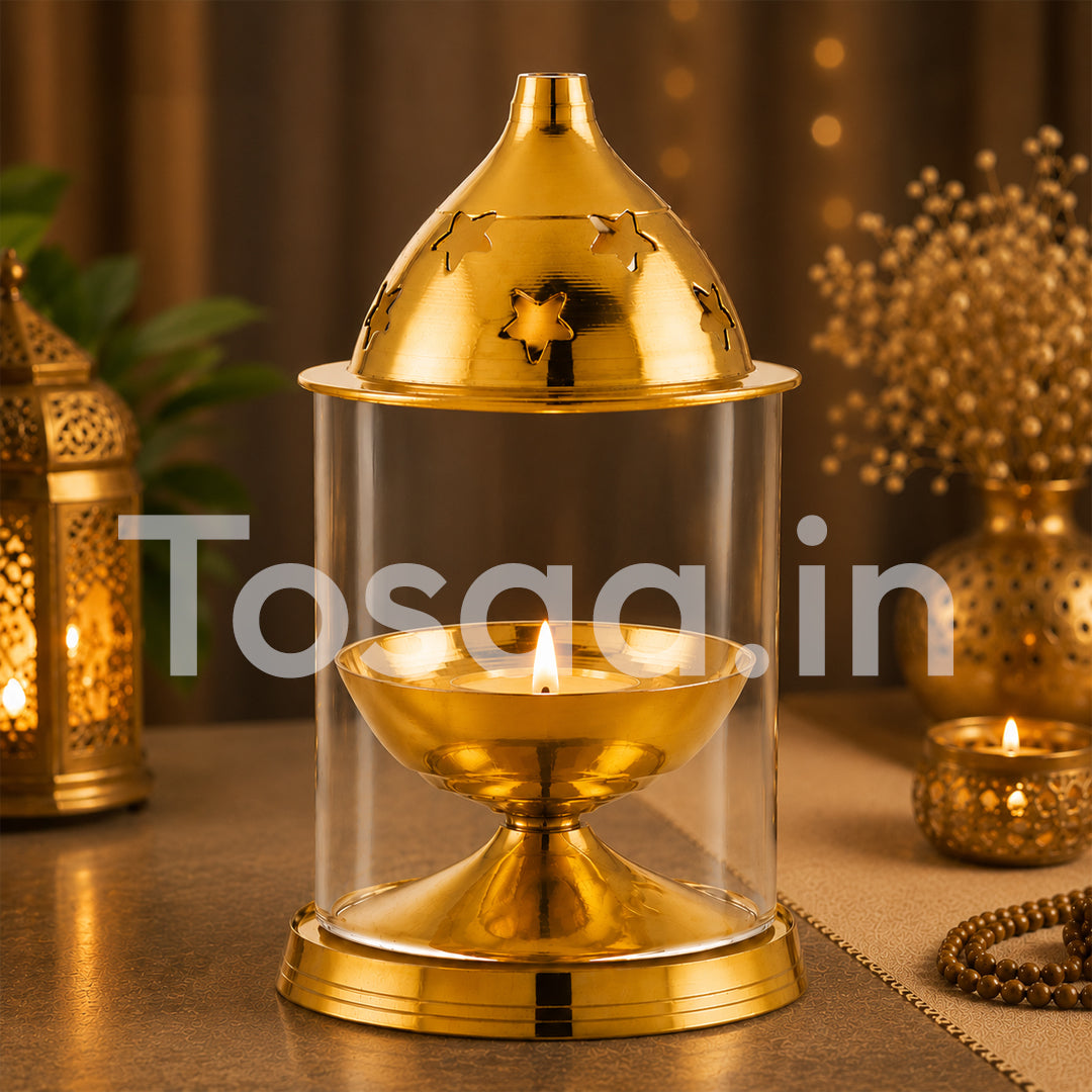 JALKUMBH COPPER BRASS AKHAND DIYA WITH GLASS COVER, Deepam Jyot Diya Oil Lamp- GOLDEN BRASS DIYA FOR FESTIVALS (BIG)