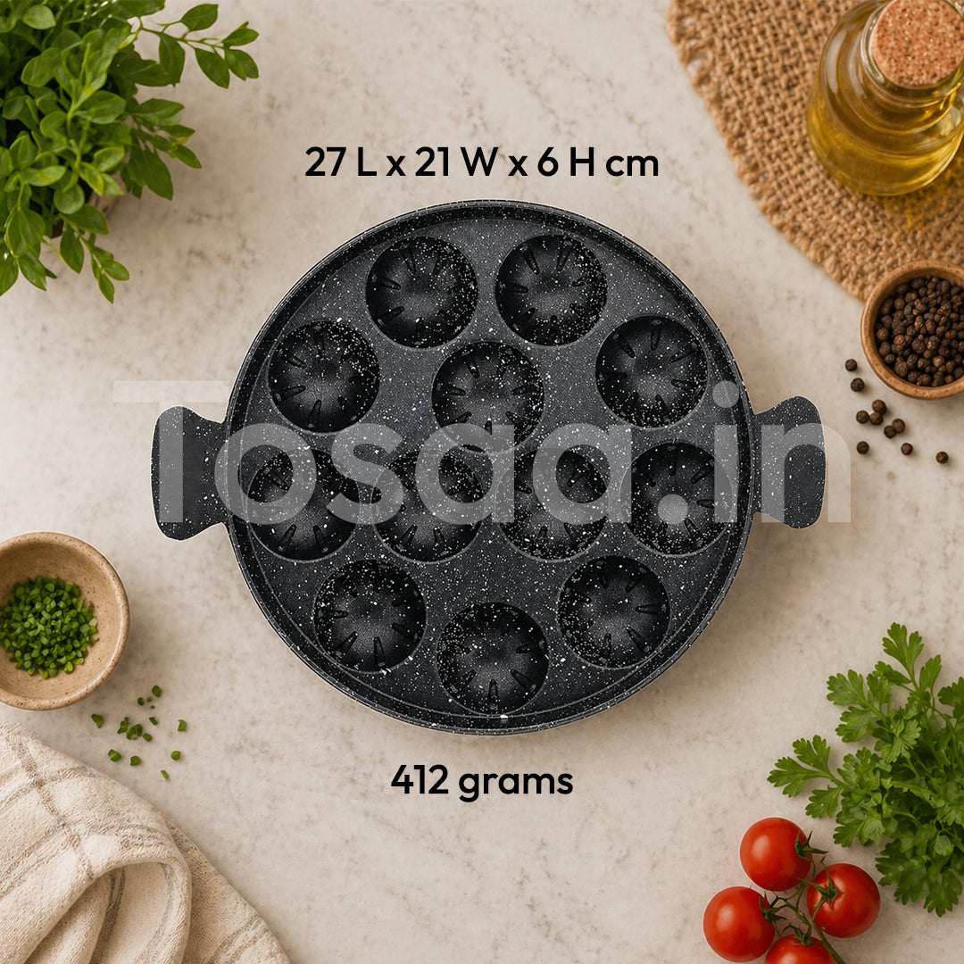 Tosaa Non-Stick Grill Appam 12 Cavity Designer with Stainless Steel Lid Gas Compatible