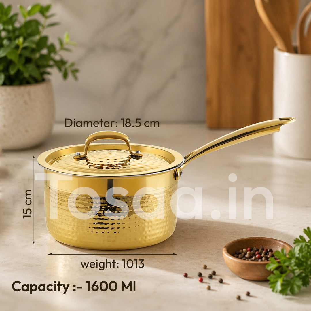 JALKUMBH BRASS SAUCE PAN (1600 ML), WITH LONG HANDLE,  with Insulated Heat-Resistant Handle-Ideal Gift for Any Occasion