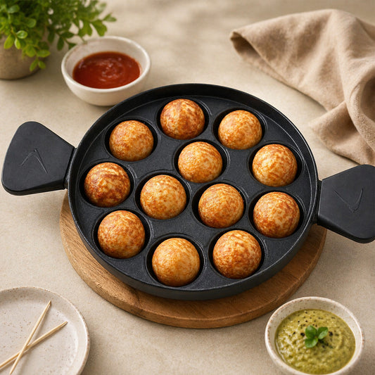 Appam Patra 12 Cavity Side Handle with Glass Lid