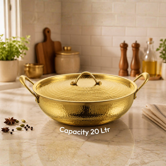 JALKUMBH BRASS KADHI WITH LID  24 CM (2550 ML), with Insulated Heat-Resistant Handle and  Lid Traditional Handcrafted Pital Kadhai For Kitechen Use