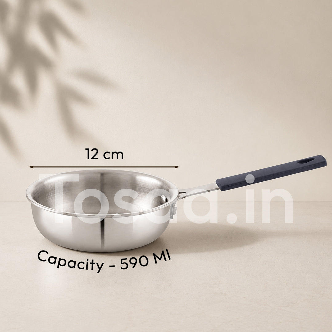 TOSAA TRIPLY MINI FRY PAN- 3-Ply Stainless Steel | Small Non-Stick Frying Pan | Induction & Gas Compatible,Mini Triply Fry Pan for Everyday Cooking | Non-Reactive Steel,Use for TADKA