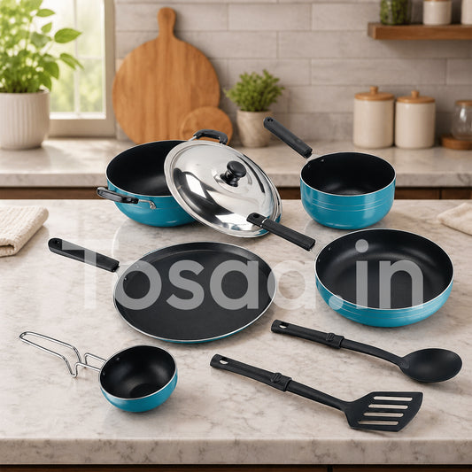 Tosaa Popular Nonstick Cookware 8 Pcs Gift Set Amber Includes 1 -Flat Tawa, 1- Kadhai, 1 -Frying pan, 1- Sauce pan, 1 - Tadka pan, 1 - Stainless Steel Lid, 2 - Spatula