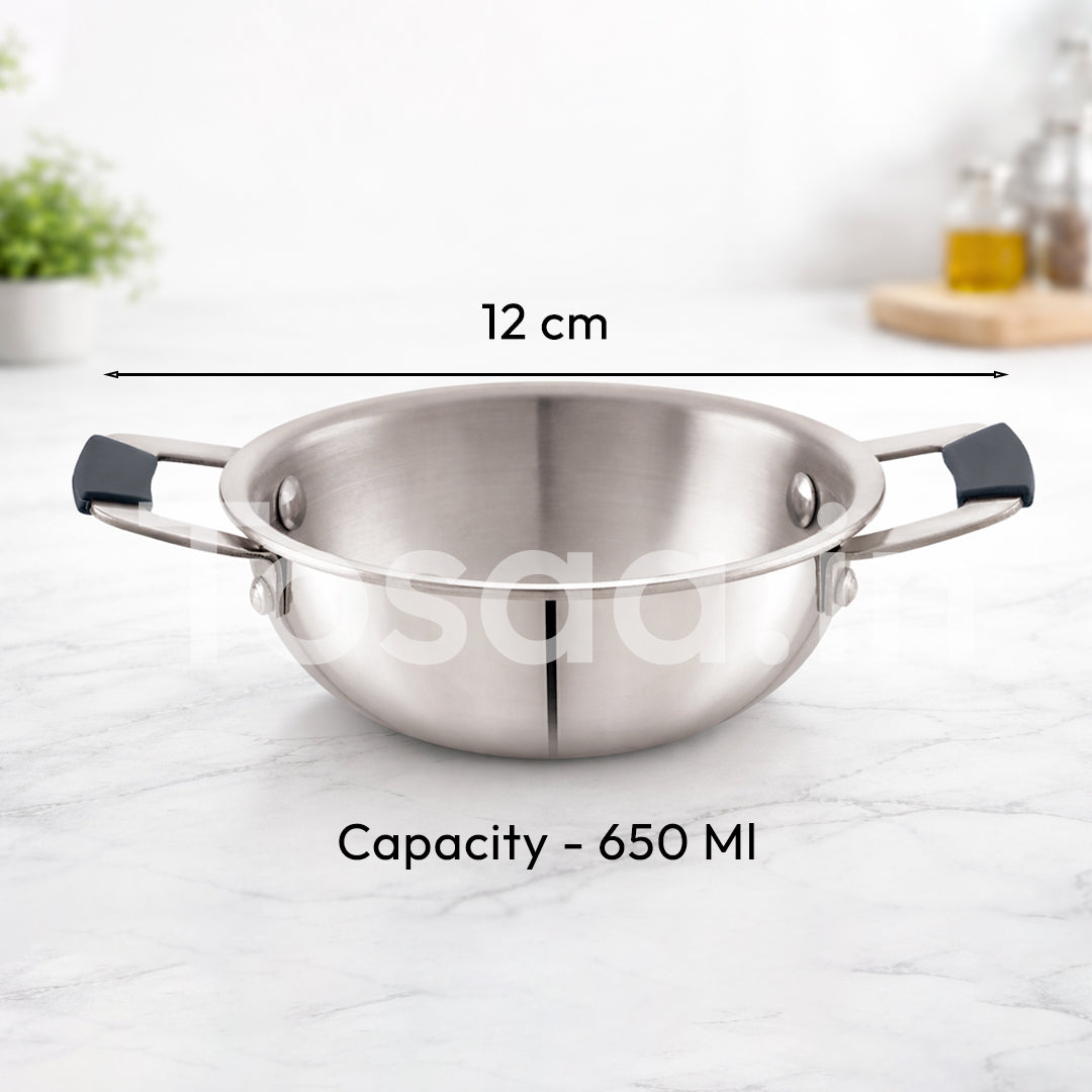 TOSAA TRIPLY MINI KADHAI, Mini Triply Kadhai – 3 Layer Base,Ideal for Frying, Tadka,Compact & Heavy Duty | Induction Base | Multipurpose Cookware,MIXING SMALL QTY,MAKING SMALL QTY HALWA