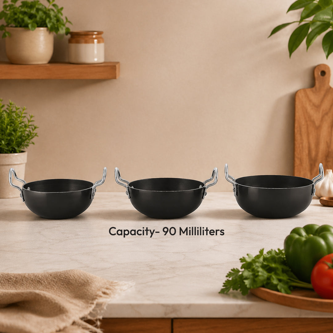 Nonstick Hard Anodised Serving Kadhai 3Pc Set- 340, Ml, 360, 375Ml Capacity, Black
