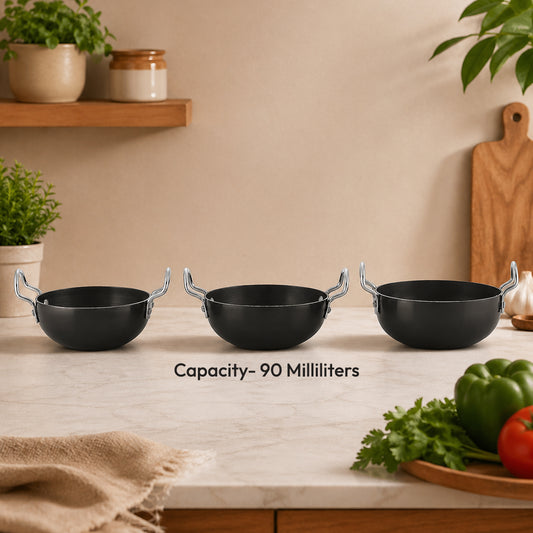 Nonstick Hard Anodised Serving Kadhai 3Pc Set- 340, Ml, 360, 375Ml Capacity, Black