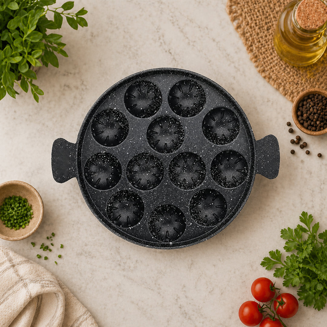 Appam 12 Cavity Designer With Two Side Handle , Stainless Steel Lid