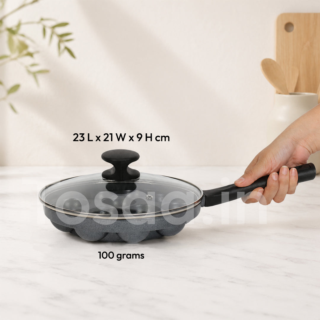 Heavy Duty Aluminium 12 Cavity Appam Patra Paniyarakkal One Side Handle with Glass lid & Wooden Picker (Marble Grey)