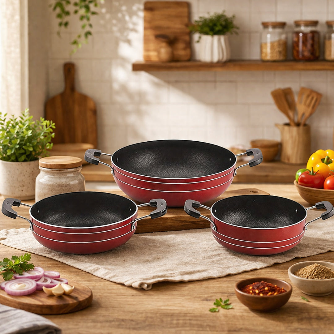 Nonstick Cookware Kadhai Gift Set of 3 Pcs, Brown Red, Standard (TP3KSBR),230, 180, 160 Mm