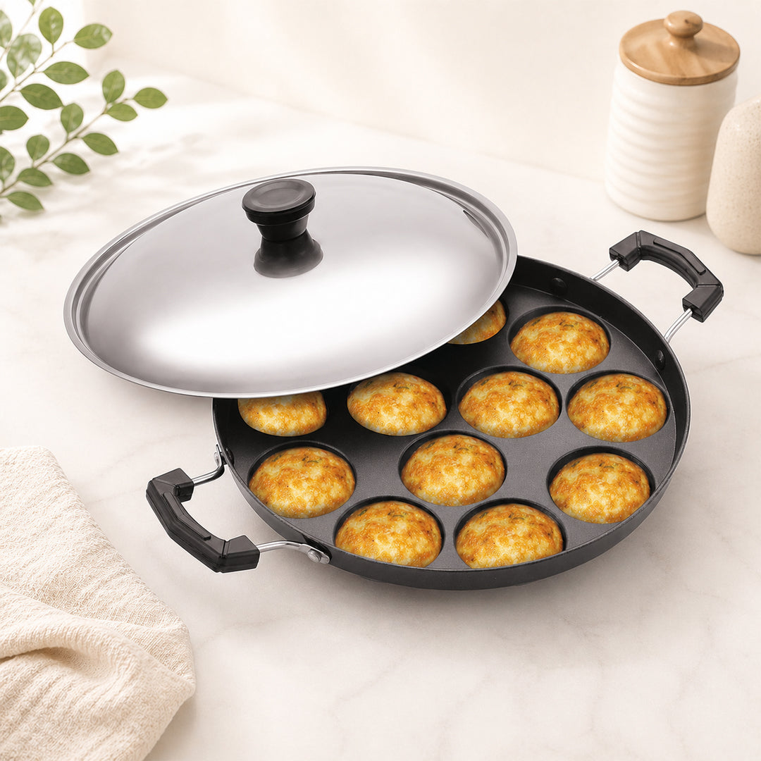 Tosaa Non-Stick 12 Cavity Appam Patra Side Handle with lid, Color May Vary