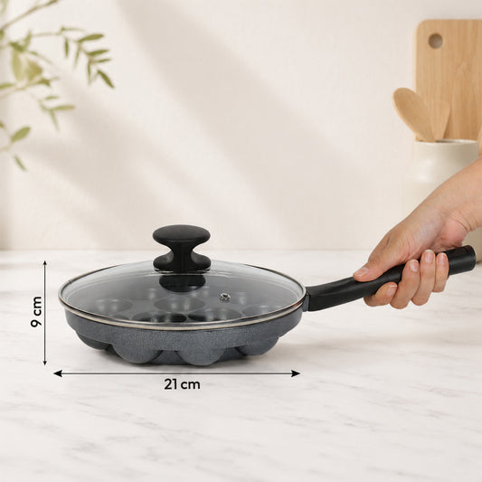 Heavy Duty Aluminium 12 Cavity Appam Patra Paniyarakkal One Side Handle with Glass lid & Wooden Picker (Marble Grey)