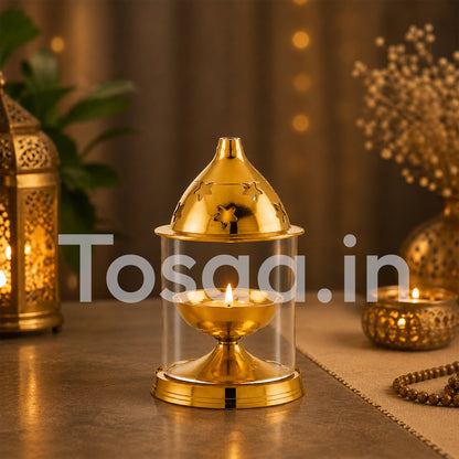 JALKUMBH COPPER BRASS AKHAND DIYA WITH GLASS COVER, Deepam Jyot Diya Oil Lamp- GOLDEN BRASS DIYA FOR FESTIVALS (SMALL)