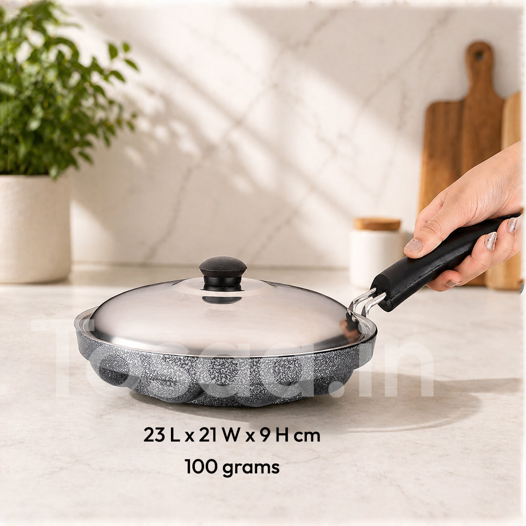 Tosaa Aluminium Non-Stick 12 Cavity Appam Patra with Lid (Black, 21 cm)